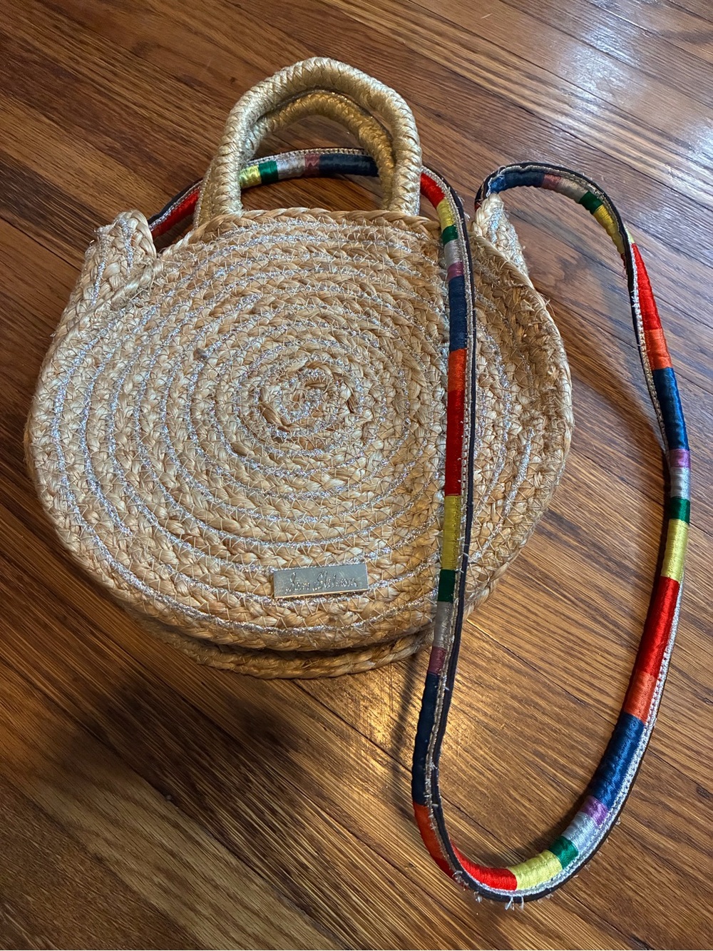 Sam Edelman “Emelia” Natural Straw Circle Crossbody with Rainbow Strap - Picture 4 of 7